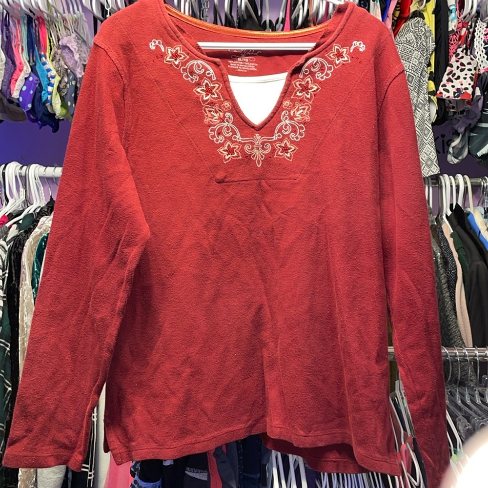 Ladies v neck warm shirt size large red and silver design around neck